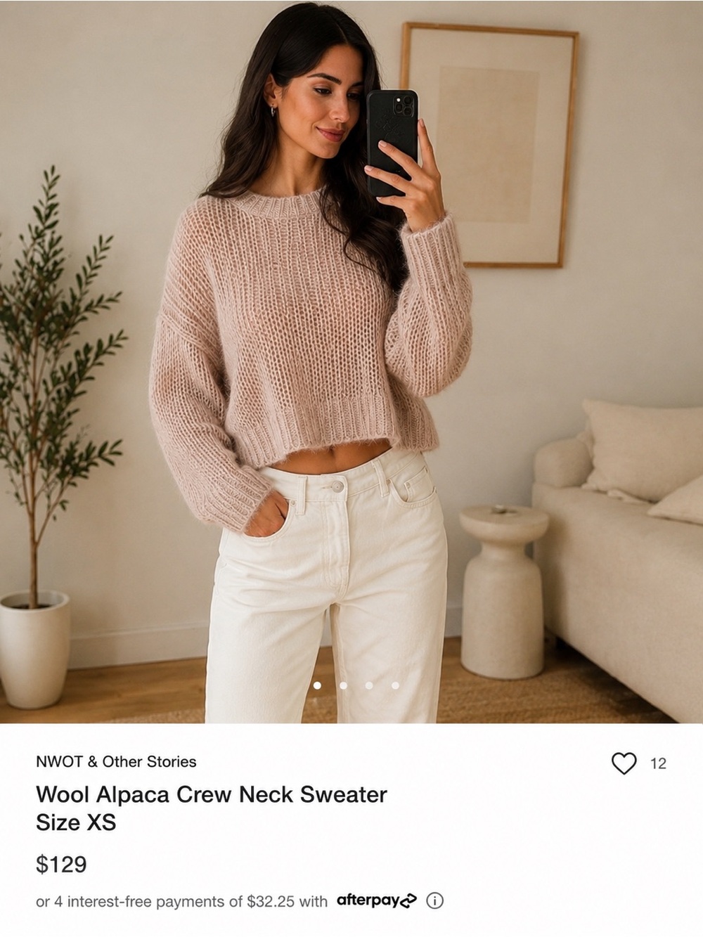 NWOT & Other Stories Alpaca Wool Blend Sheer Cropped Sweater XS Blush Pink